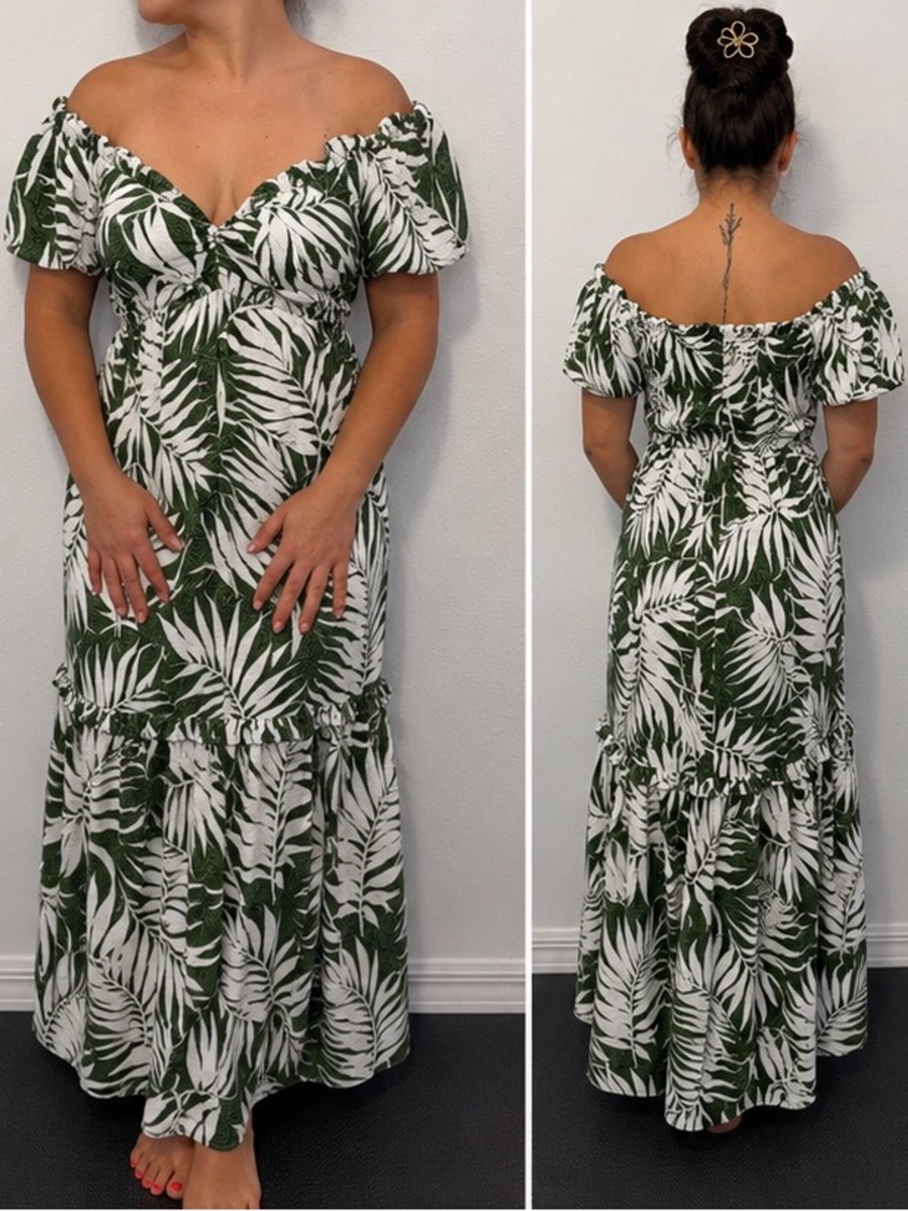 sofia by sofia vergara Off-the-Shoulder Leaf Print Maxi Dress in Green and White